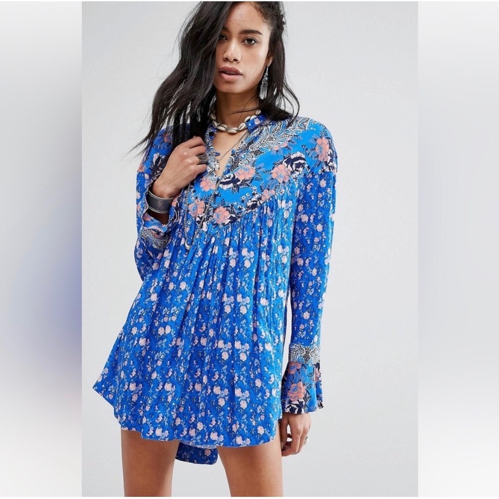Free People Wildflower Fields Tunic In Blue Floral Size XS Boho Festival